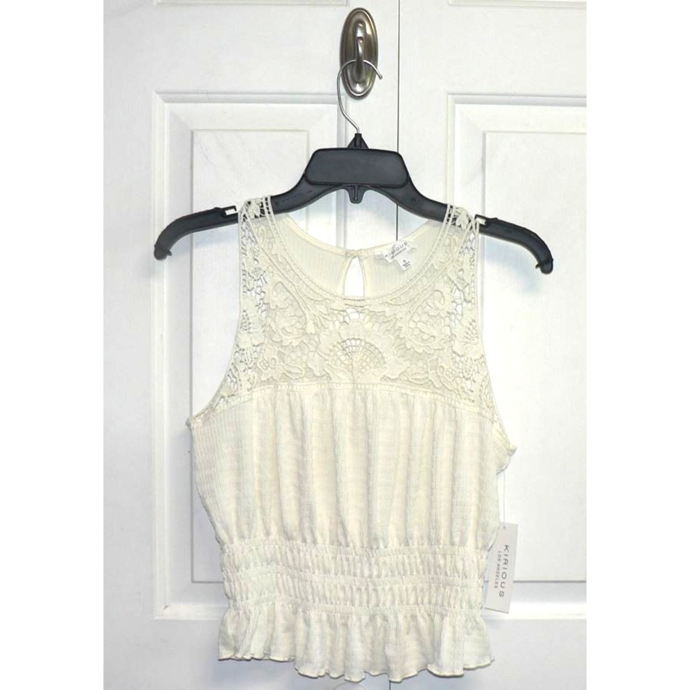 Kirious Women's Sleeveless Embroidered Smocked Ruffle HemTank Top in Ivory Small